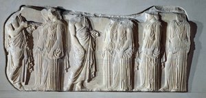 Organizadores e ergastinos (peplos-portadores), seção da Grande procissão Panatenaica do friso leste do Partenon, c.442-438 aC (mármore)